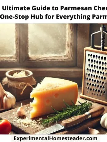 A cozy farmhouse kitchen featuring a wedge of Parmesan cheese on a wooden cutting board, surrounded by a cheese grater, fresh tomatoes, garlic, and rosemary, with sunlight streaming through a rustic window in the background.