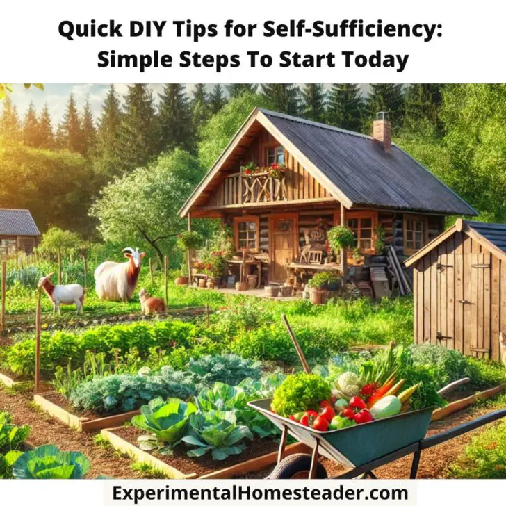 A scenic homestead featuring a wooden cabin surrounded by thriving gardens, a chicken coop, and goats grazing in the yard, symbolizing self-sufficiency and rural living.