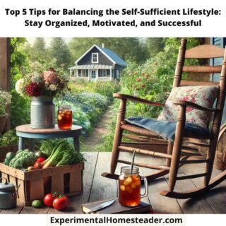 A rustic homestead porch with a cozy rocking chair and a small table holding a mason jar of iced tea, a gardening notebook, and a basket of freshly picked vegetables. The background features a lush garden filled with flowers and vegetables under a bright blue sky, evoking relaxation and a sense of accomplishment in self-sufficient living.