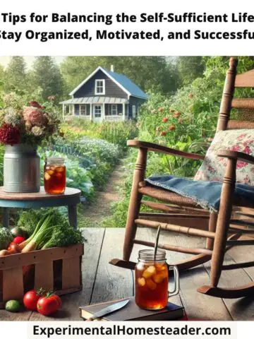 A rustic homestead porch with a cozy rocking chair and a small table holding a mason jar of iced tea, a gardening notebook, and a basket of freshly picked vegetables. The background features a lush garden filled with flowers and vegetables under a bright blue sky, evoking relaxation and a sense of accomplishment in self-sufficient living.