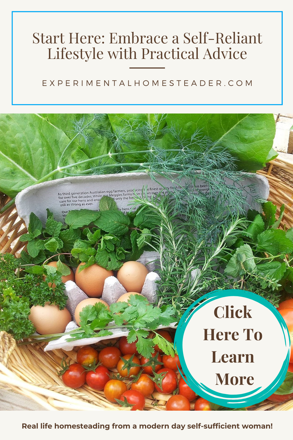 A basket full of fresh eggs, herbs, and vegetables, part of Sheri Ann's homestead harvest at Exotic Gardening Farm.