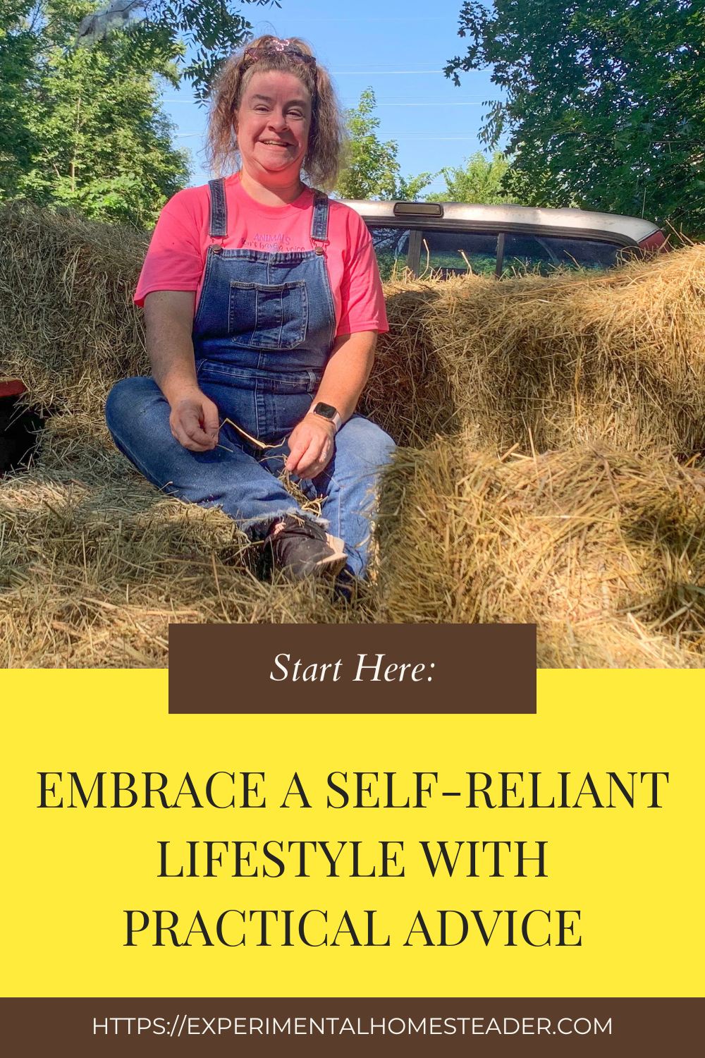 Sheri Ann Richerson sitting on hay bales at Exotic Gardening Farm, smiling while working on the homestead.