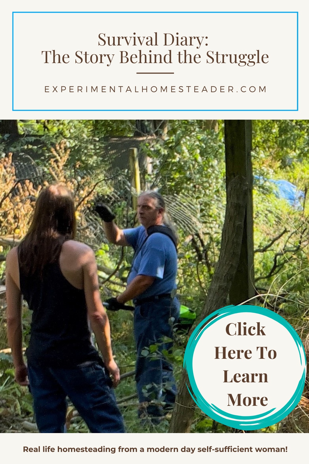 Two people clearing land in a wooded area, engaged in conversation about survival and homesteading.