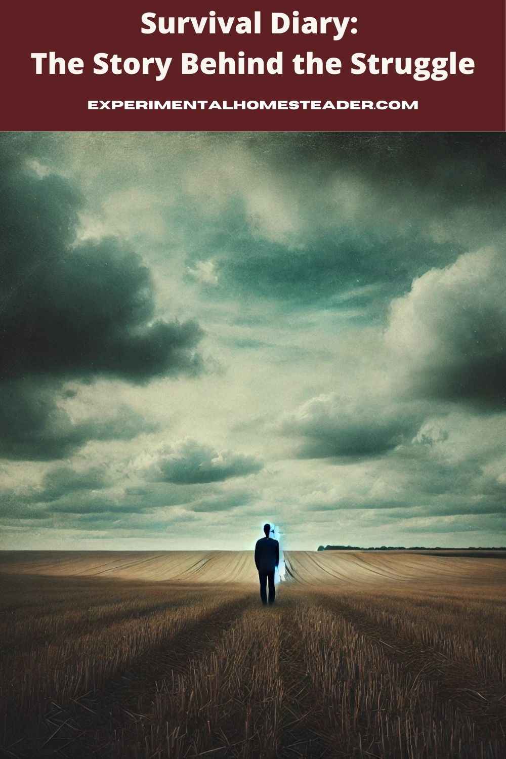 A lone figure stands in an open field under a dark, cloudy sky, representing solitude and survival.