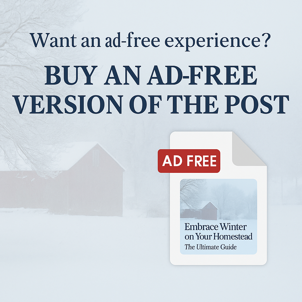 Promotional graphic inviting readers to buy an ad-free version of the blog post Embrace Winter on Your Homestead.