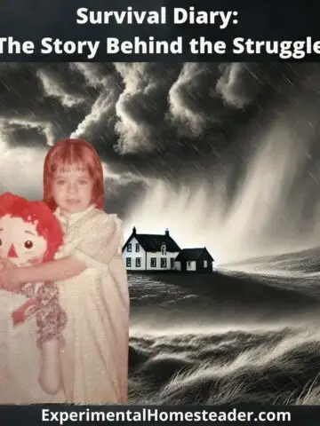 A vintage childhood photo of Sheri Ann Richerson as a young girl holding a Raggedy Ann doll, set against a dark stormy background with a house in the distance.