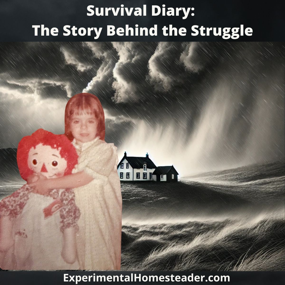 A vintage childhood photo of Sheri Ann Richerson as a young girl holding a Raggedy Ann doll, set against a dark stormy background with a house in the distance.