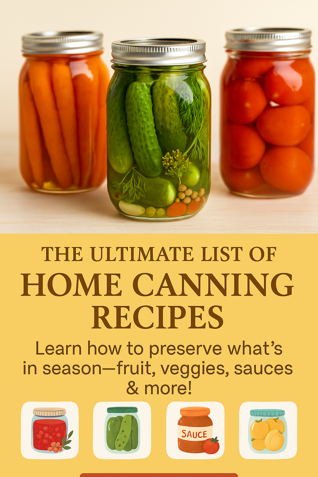 Jars of carrots, pickles, and tomatoes sit above a yellow block of text reading “The Ultimate List of Home Canning Recipes” with icons for jams, pickles, sauce, and peaches. Tagline reads: “Learn how to preserve what’s in season—fruit, veggies, sauces & more!”