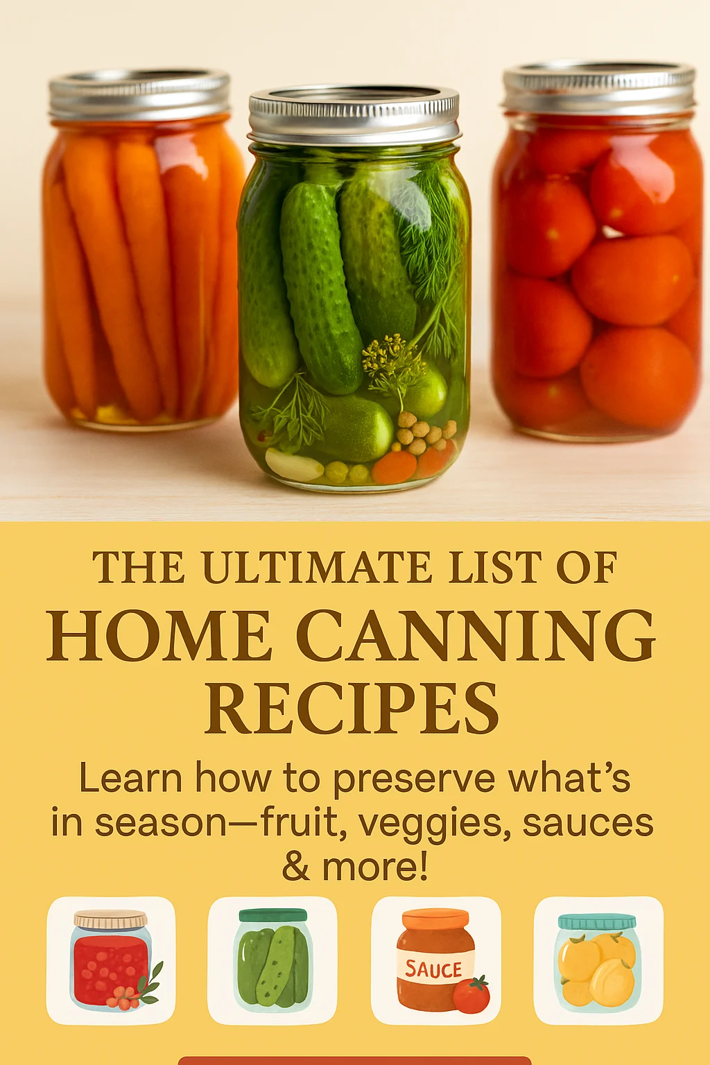Jars of carrots, pickles, and tomatoes sit above a yellow block of text reading “The Ultimate List of Home Canning Recipes” with icons for jams, pickles, sauce, and peaches. Tagline reads: “Learn how to preserve what’s in season—fruit, veggies, sauces & more!”