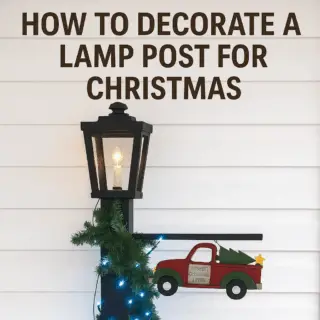 Black Christmas lamp post with garland, blue lights, and red truck ornament against white siding, with “How to Decorate a Lamp Post for Christmas” text.