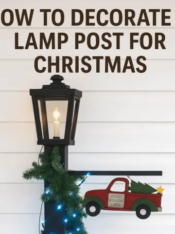 Black Christmas lamp post with garland, blue lights, and red truck ornament against white siding, with “How to Decorate a Lamp Post for Christmas” text.