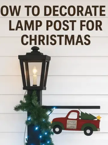 Black Christmas lamp post with garland, blue lights, and red truck ornament against white siding, with “How to Decorate a Lamp Post for Christmas” text.