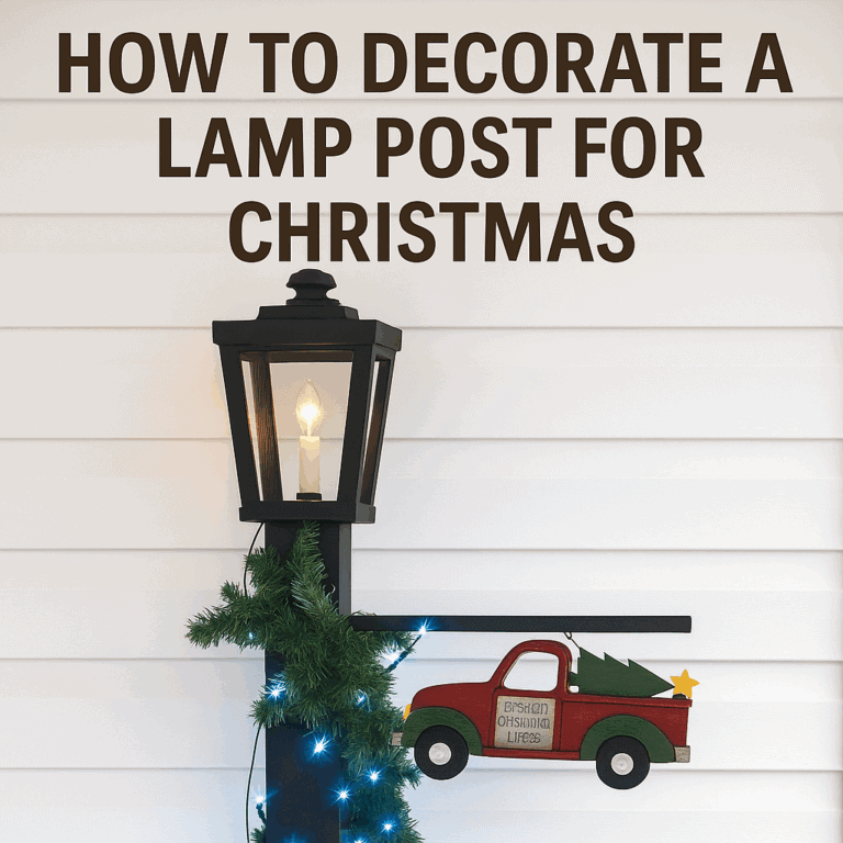 Black Christmas lamp post with garland, blue lights, and red truck ornament against white siding, with “How to Decorate a Lamp Post for Christmas” text.