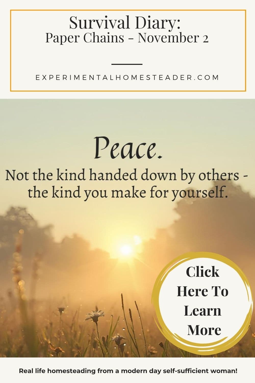 Survival Diary: Paper Chains - November 2. A peaceful sunrise over a golden field, symbolizing healing and personal peace after trauma.