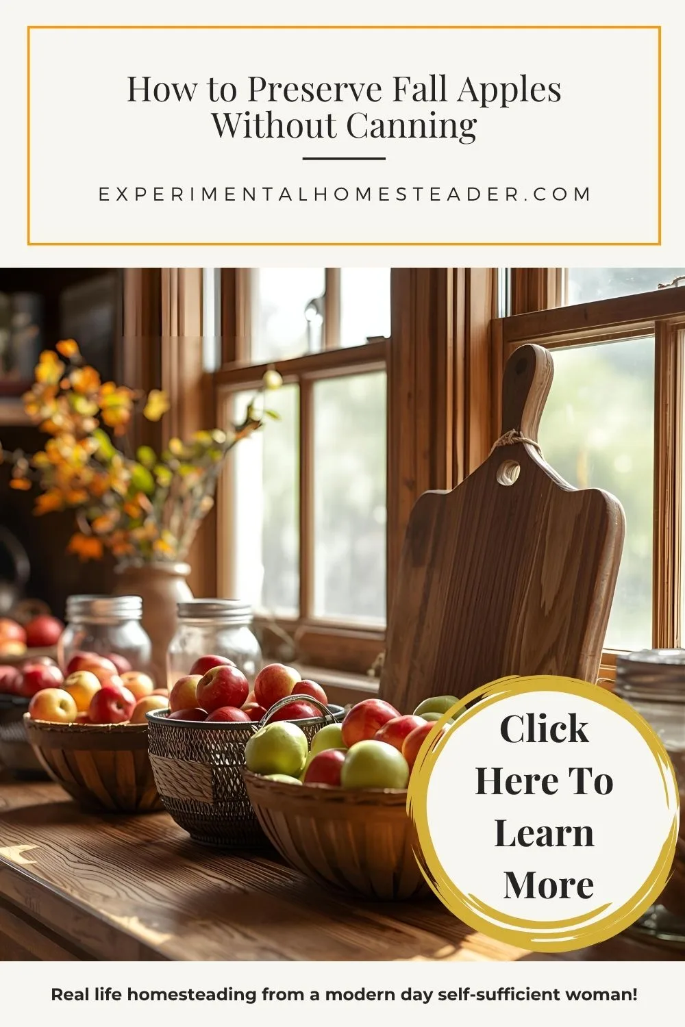 A cozy farmhouse kitchen with bowls of red and green apples on a wooden counter beside a cutting board and fall foliage, sunlight streaming through the window.