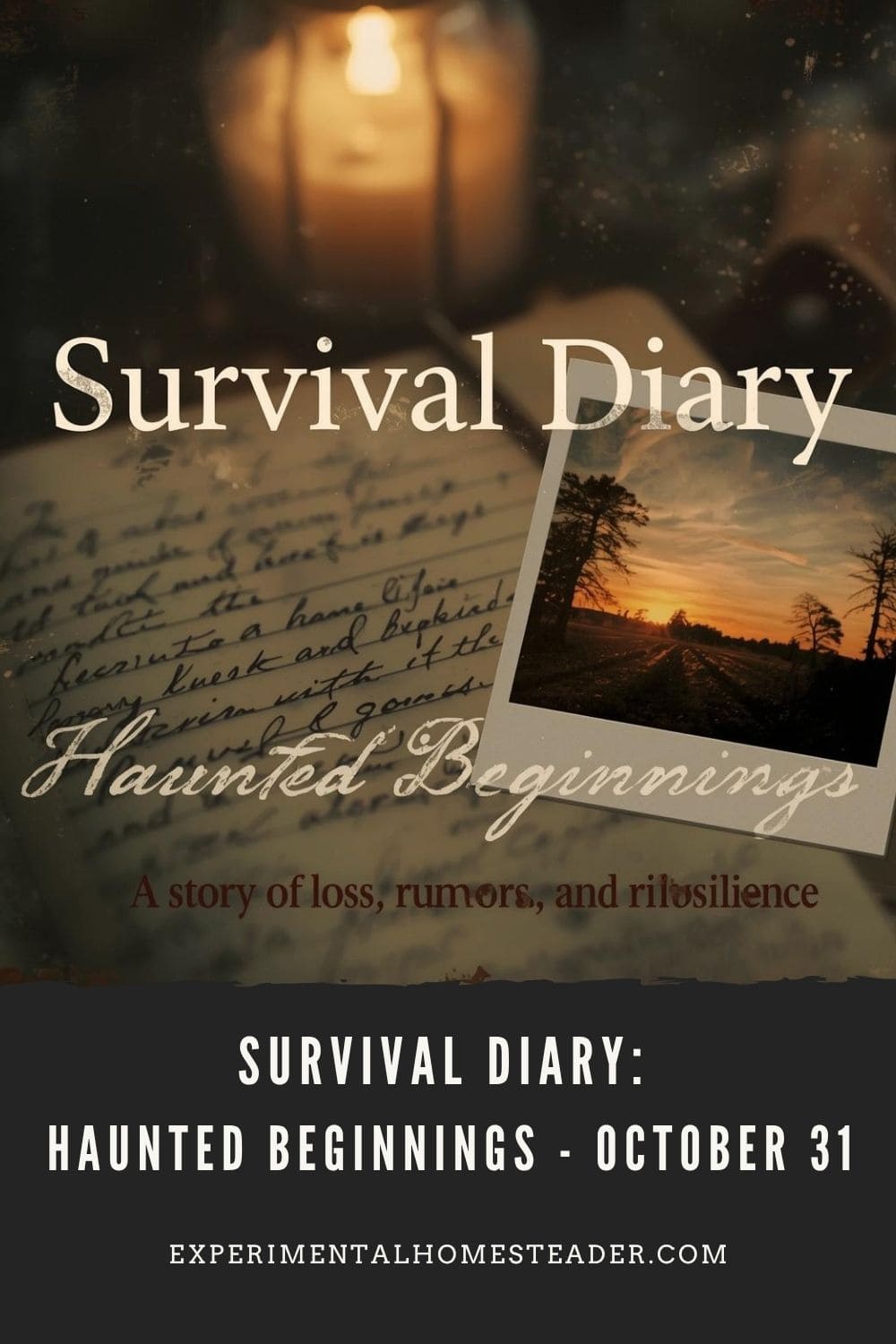 An open handwritten journal beside a softly glowing candle and a vintage Polaroid photo, evoking the intimate storytelling of Survival Diary: Haunted Beginnings.