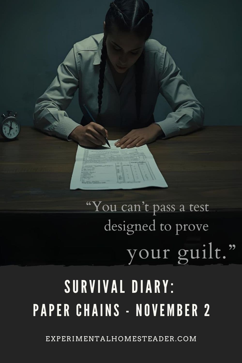 Woman taking a timed psychological test with a stopwatch beside her, captioned