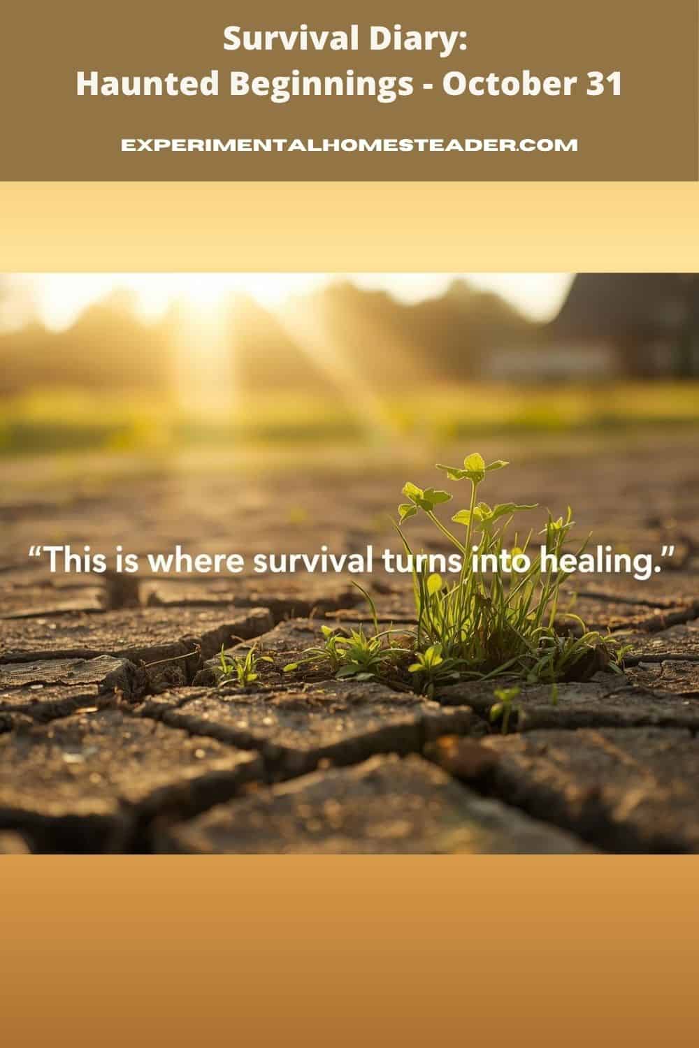 A green seedling pushing through dry, cracked soil at sunrise, symbolizing healing and resilience in Survival Diary: Haunted Beginnings.