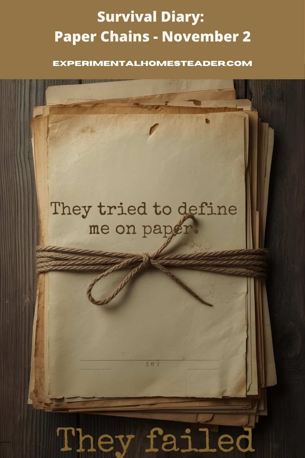 Stack of yellowed papers tied with twine, captioned