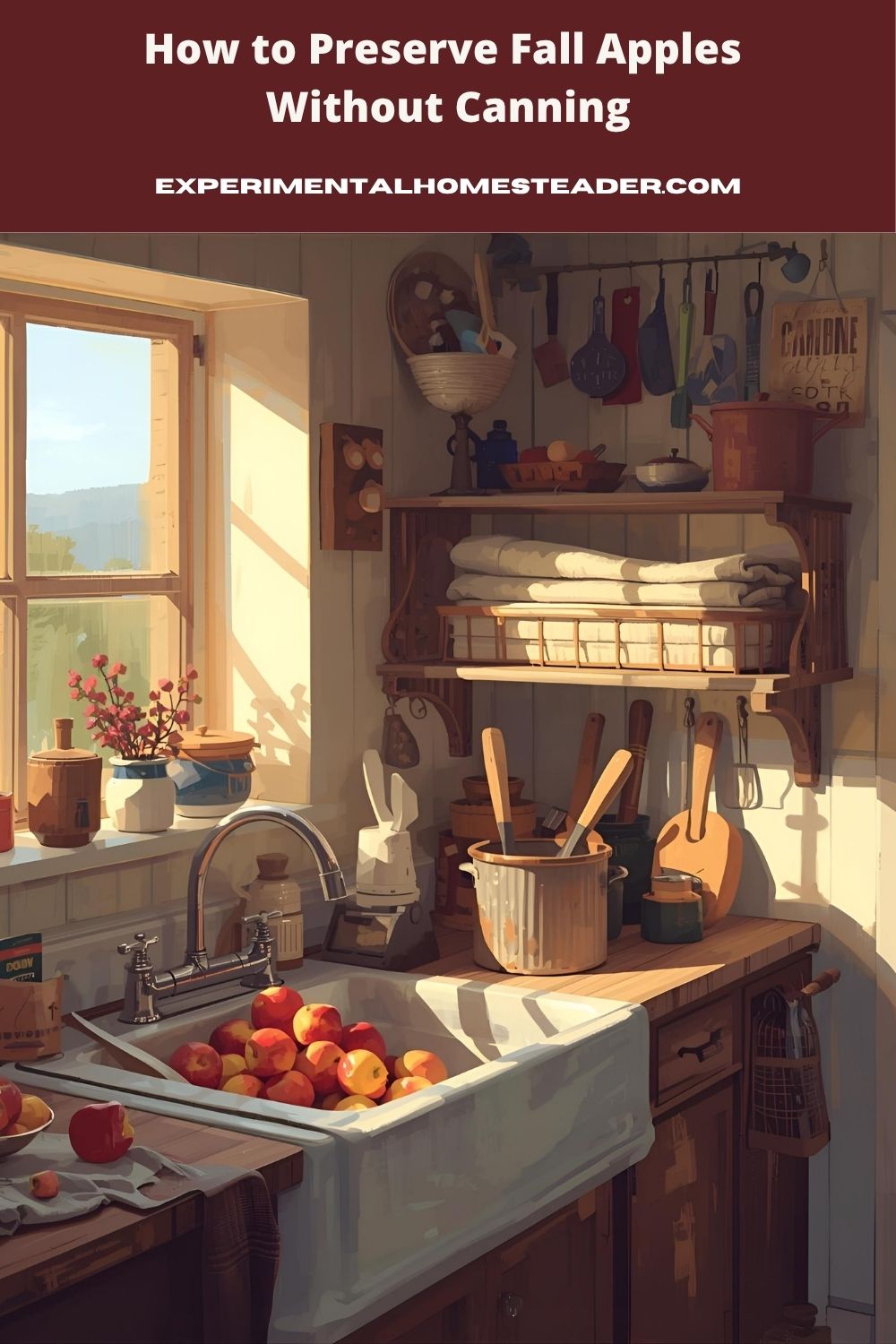 A sunlit farmhouse kitchen with apples soaking in a deep white sink surrounded by wooden shelves, vintage kitchen tools, and cozy autumn tones.