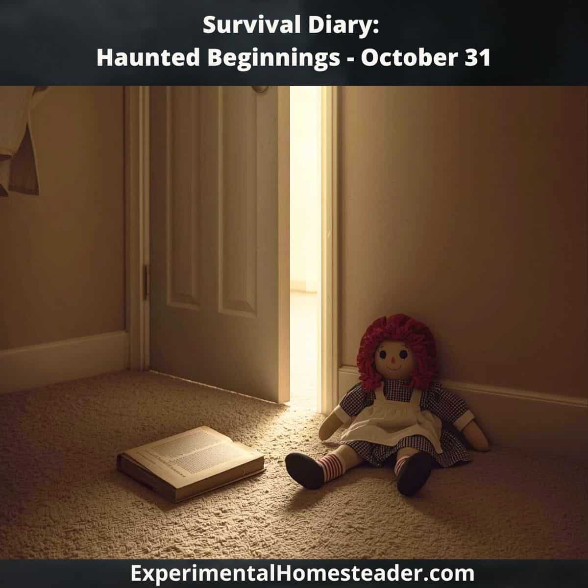 Raggedy Ann doll leaning against a half-open closet door with light spilling in, next to a children's Bible on the carpet, symbolizing childhood fear and faith in Survival Diary: Haunted Beginnings.