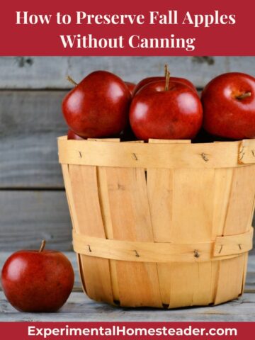 A wooden basket filled with red apples against a rustic weathered wood backdrop, symbolizing fall harvest and simple homestead living.