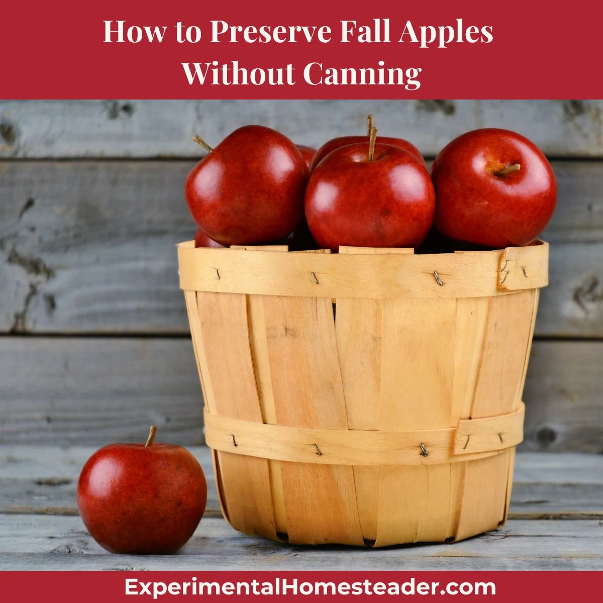 A wooden basket filled with red apples against a rustic weathered wood backdrop, symbolizing fall harvest and simple homestead living.