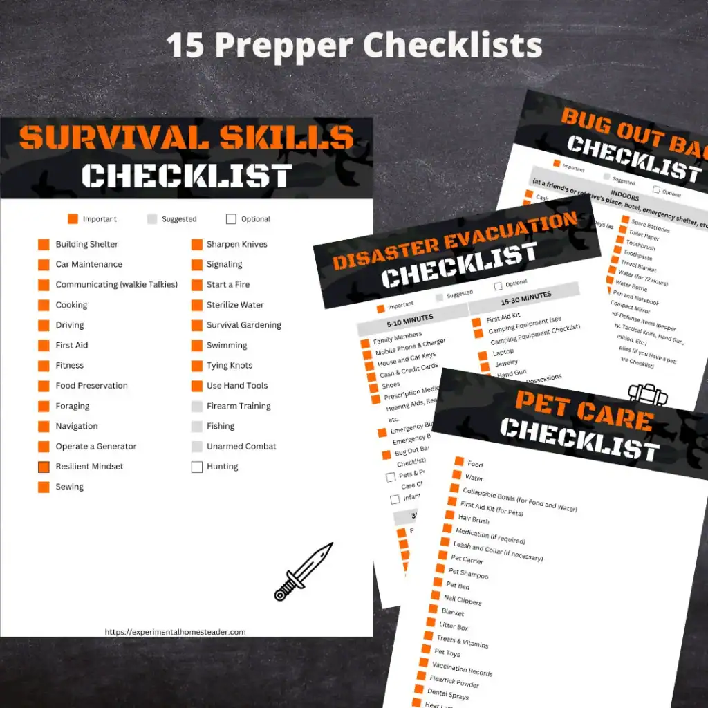Image showing four printable prepper checklists with bold black and orange headers labeled