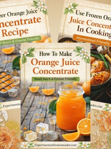 Homemade orange juice concentrate shown in small batches, freezer cubes, and cooking applications on a rustic homestead kitchen surface.