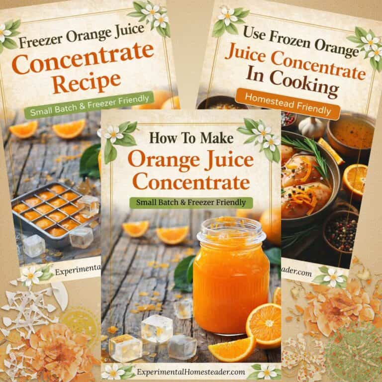 Homemade orange juice concentrate shown in small batches, freezer cubes, and cooking applications on a rustic homestead kitchen surface.