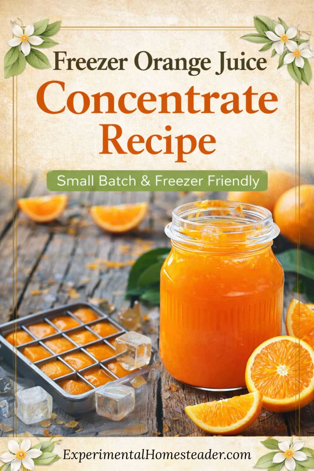 Freezer orange juice concentrate recipe made from fresh oranges and stored in ice cube trays.