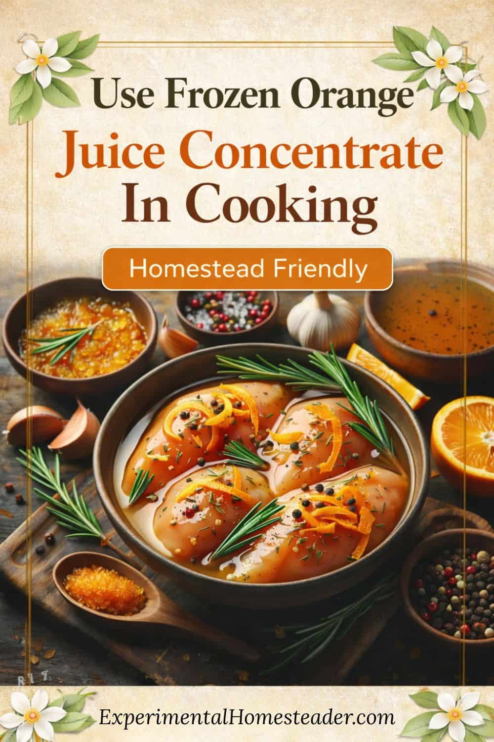 Using frozen orange juice concentrate in homestead cooking as a citrus marinade for chicken.