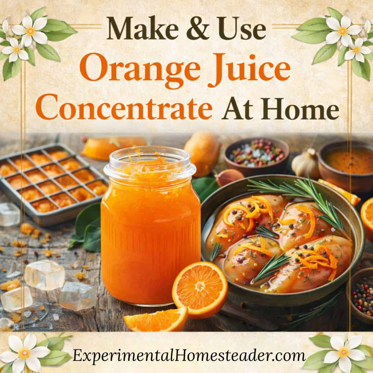 Mason jar of homemade orange juice concentrate with frozen cubes and citrus-marinated chicken on a rustic homestead table.