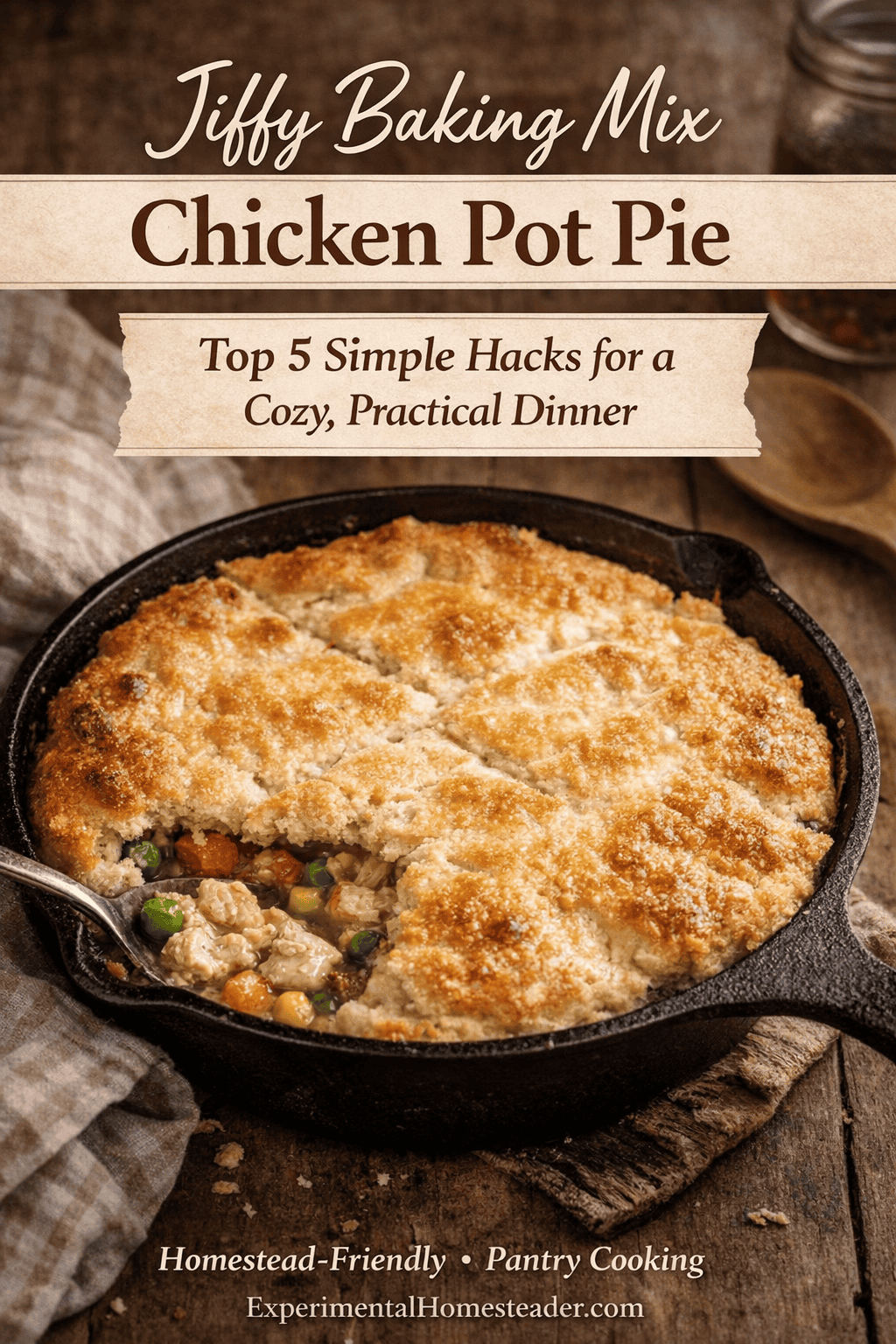 Jiffy baking mix chicken pot pie baked in a cast iron skillet with a golden biscuit-style topping, shown as a cozy homestead dinner.