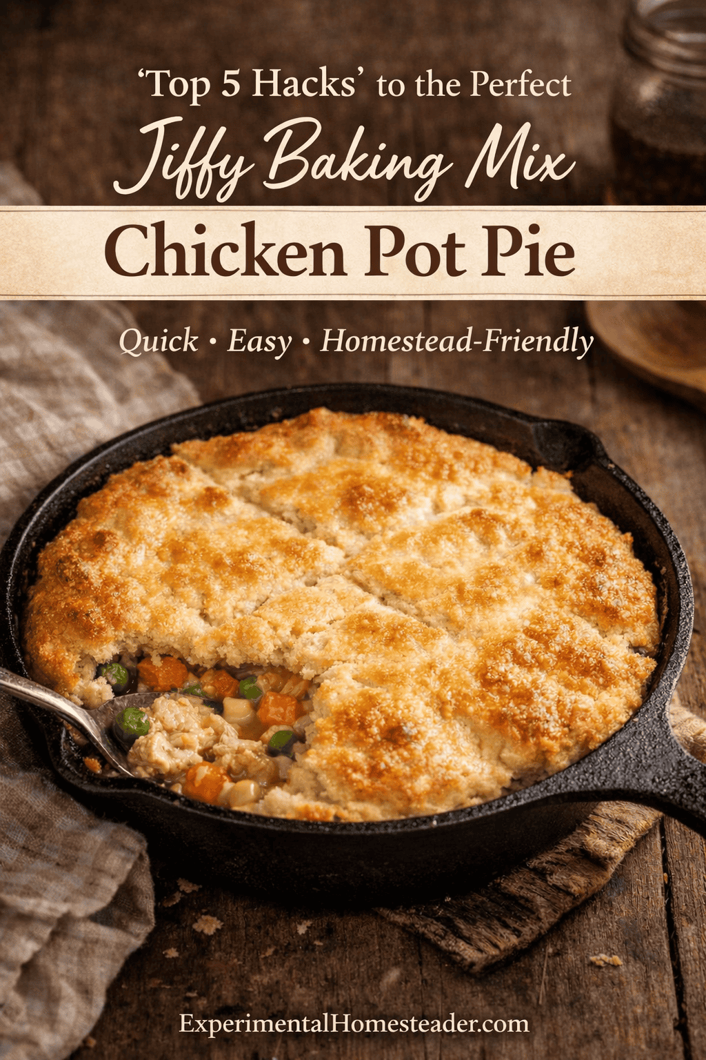 Top 5 hacks for making jiffy baking mix chicken pot pie, shown in a cast iron skillet with a golden topping and hearty filling.