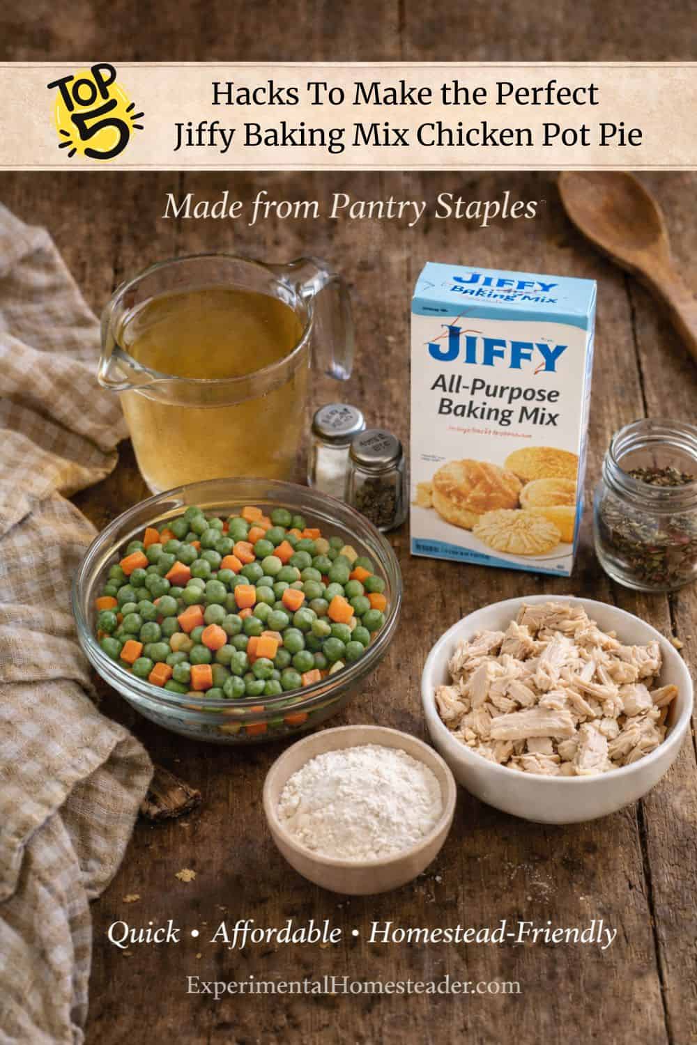 Ingredients for jiffy baking mix chicken pot pie arranged on a rustic table, including all-purpose baking mix, chicken, broth, and vegetables.