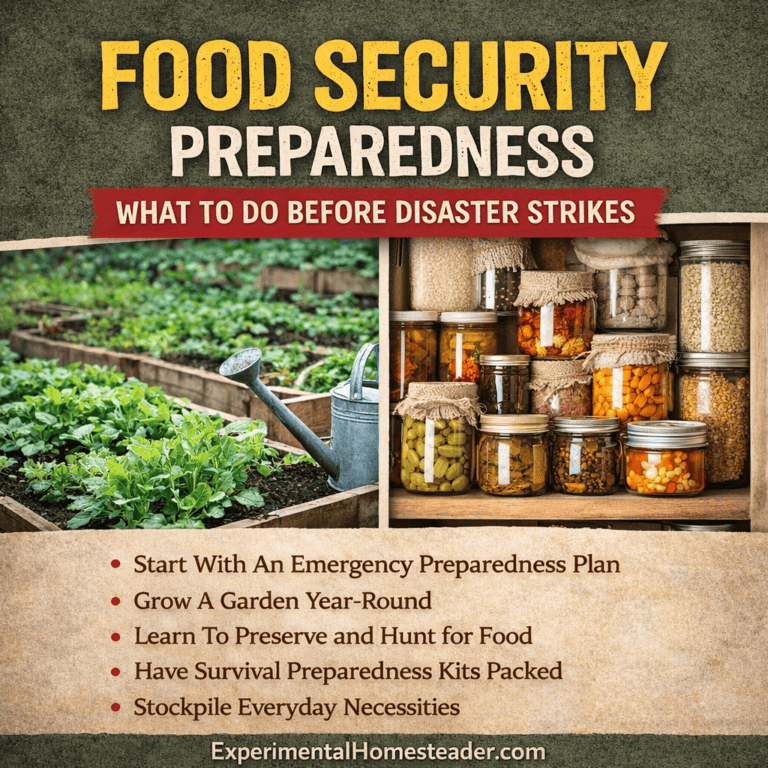 Food security preparedness graphic showing a home garden and pantry storage with steps to take before disaster strikes.