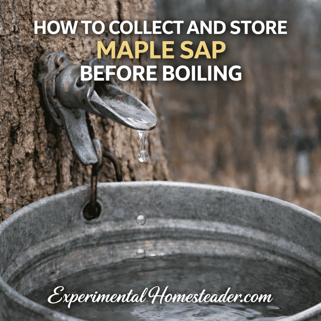 Clear maple sap dripping from a spile into a galvanized bucket with text overlay reading “How to Collect and Store Maple Sap Before Boiling” and ExperimentalHomesteader.com branding.