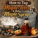 Outdoor maple syrup production showing a tapped maple tree with bucket, boiling sap over a wood fire, and finished homemade maple syrup with maple sugar.