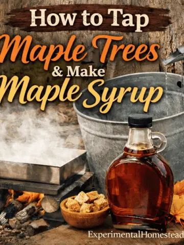 Outdoor maple syrup production showing a tapped maple tree with bucket, boiling sap over a wood fire, and finished homemade maple syrup with maple sugar.
