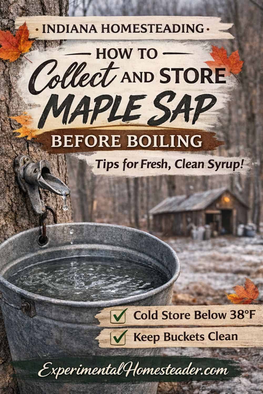 Indiana homesteading Pinterest image showing clear maple sap dripping into a galvanized bucket with tips for collecting and storing maple sap before boiling.