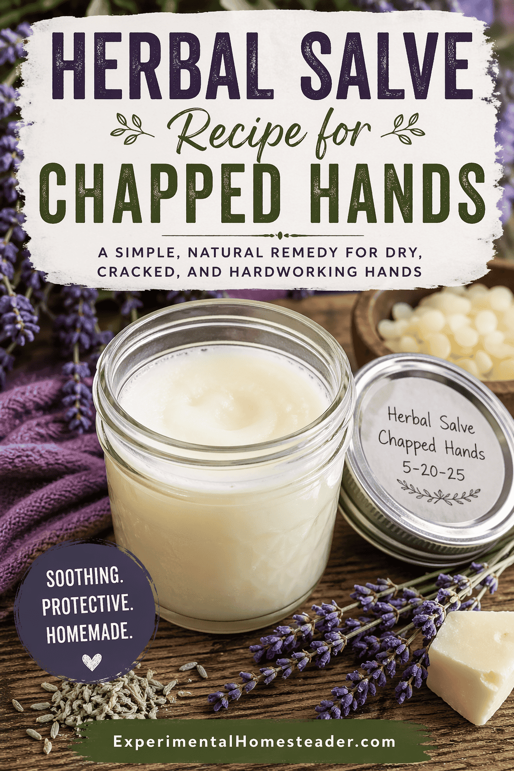 Herbal salve recipe for chapped hands in a 4 ounce mason jar with beeswax, lavender, and natural ingredients on a rustic surface.