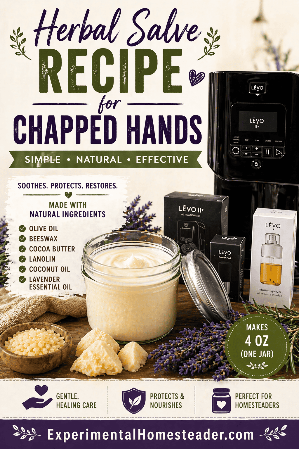 Herbal salve recipe for chapped hands Pinterest infographic with mason jar, natural ingredients, and ExperimentalHomesteader.com branding.
