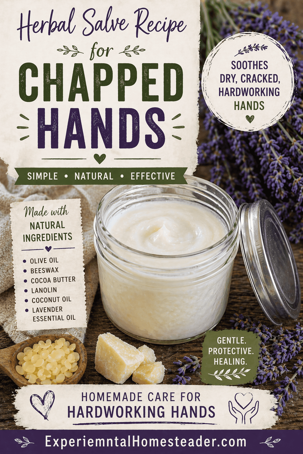 Herbal salve recipe for chapped hands infographic showing ingredients including beeswax, olive oil, cocoa butter, lanolin, and lavender essential oil.