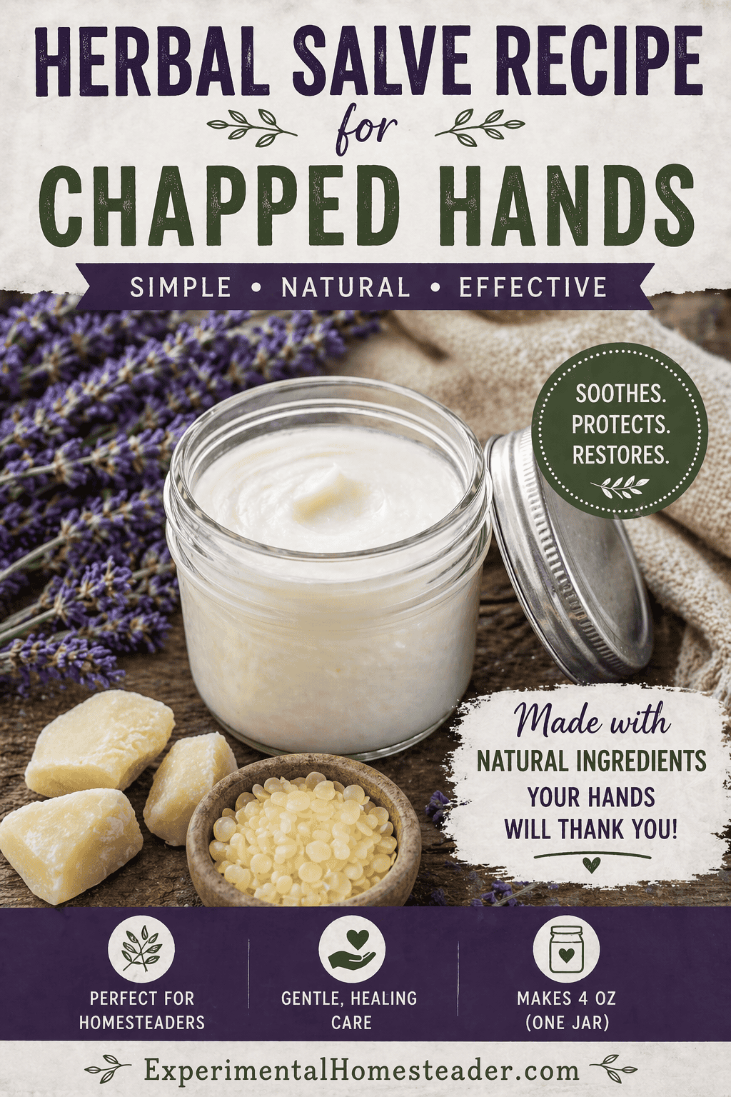 Homemade herbal salve recipe for chapped hands with natural ingredients displayed in a mason jar on a rustic wooden background.