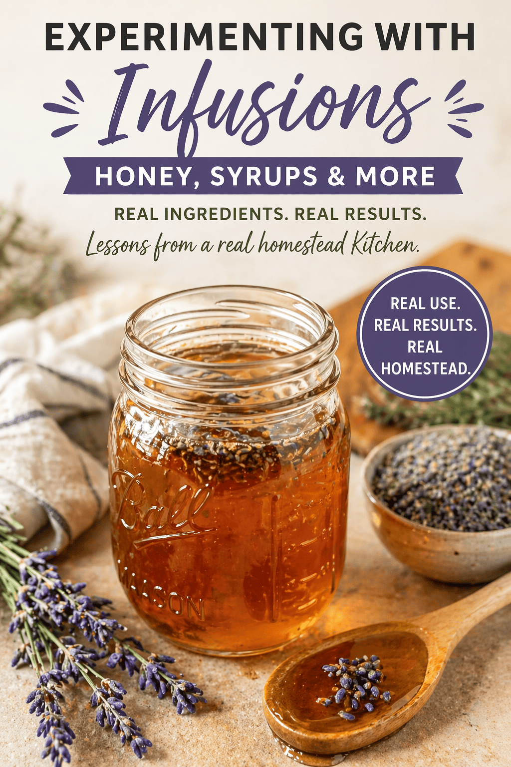 Jar of infused honey with herbs made using the LĒVO II+ in a homestead kitchen.