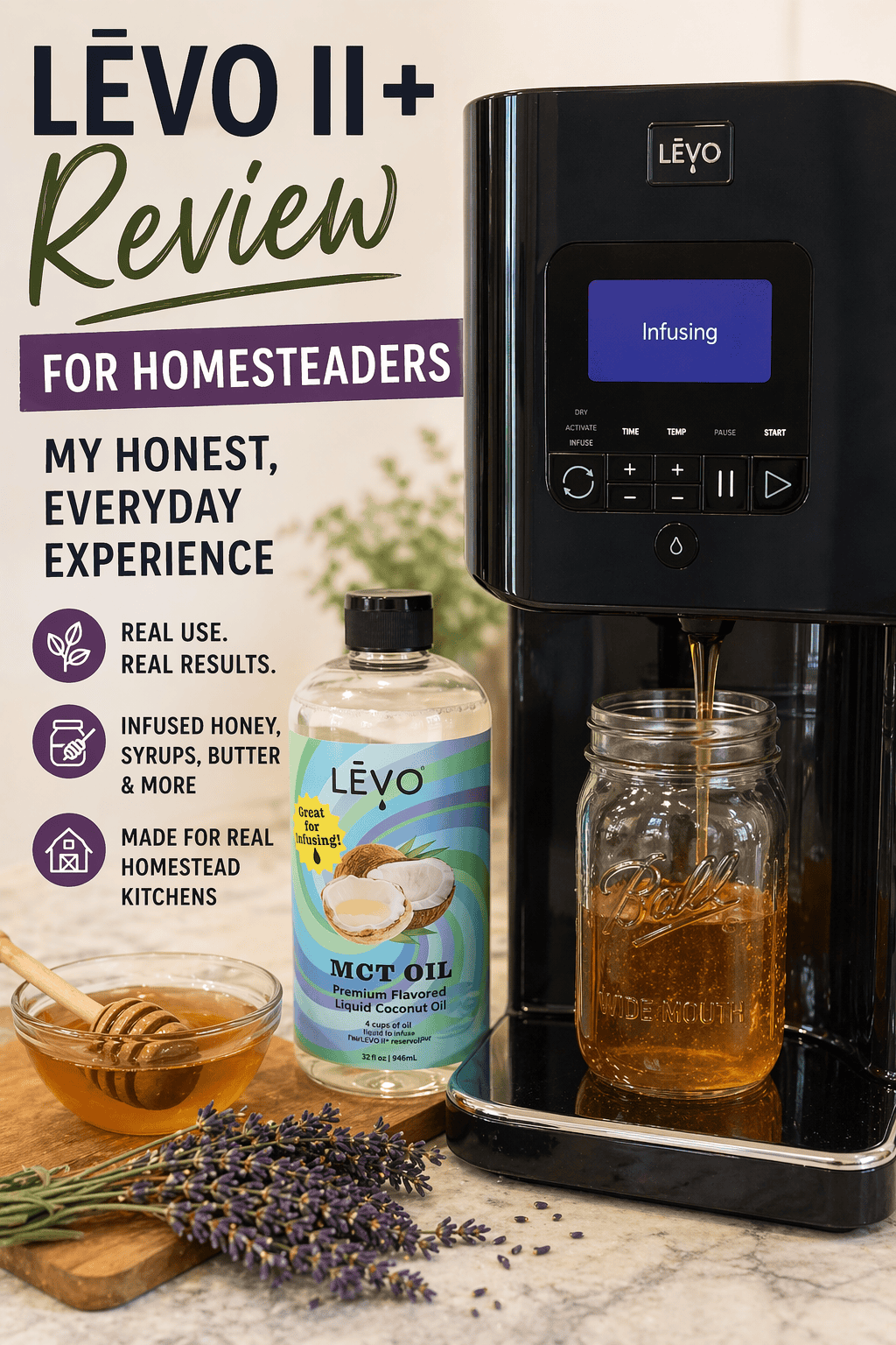 LĒVO II+ machine dispensing infused honey into a mason jar on a kitchen counter.