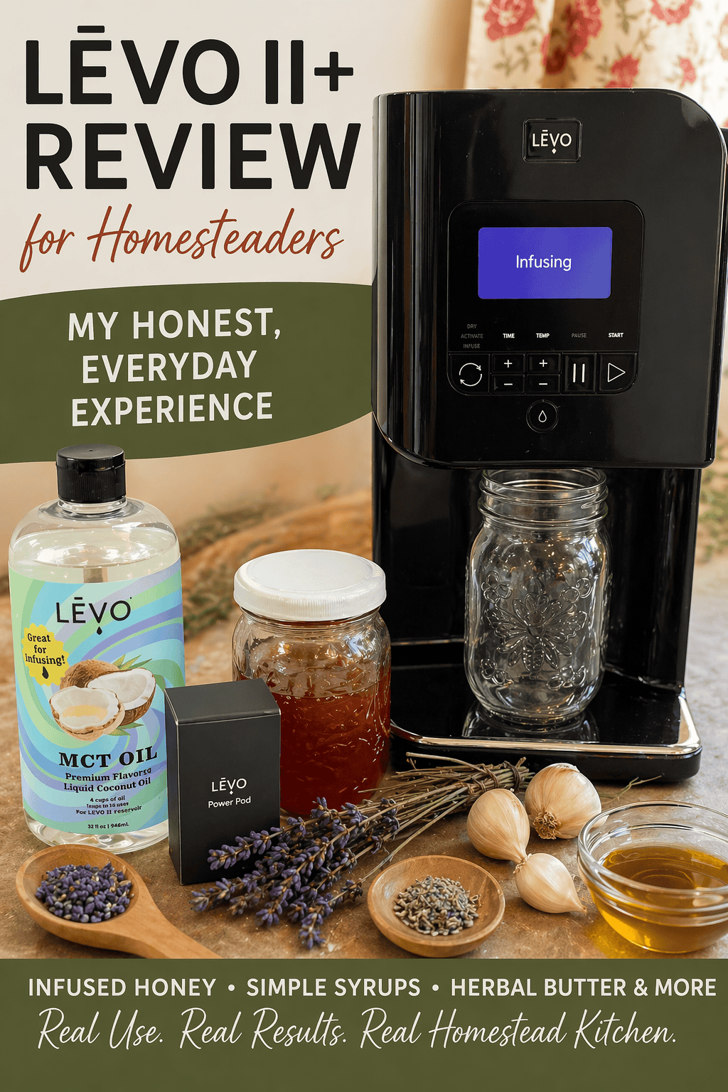 LĒVO II+ infusion machine with infused honey, MCT oil, and herbs in a homestead kitchen setup.