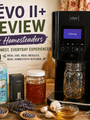 LĒVO II+ review setup with infused honey, herbs, and MCT oil in a real homestead kitchen.