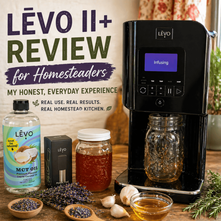 LĒVO II+ review setup with infused honey, herbs, and MCT oil in a real homestead kitchen.